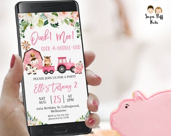 Editable Evite Pink Farm Invite, Farmyard, Barnyard Birthday Text Invitation, Instant Download Phone Electronic Farm Birthday Invitation