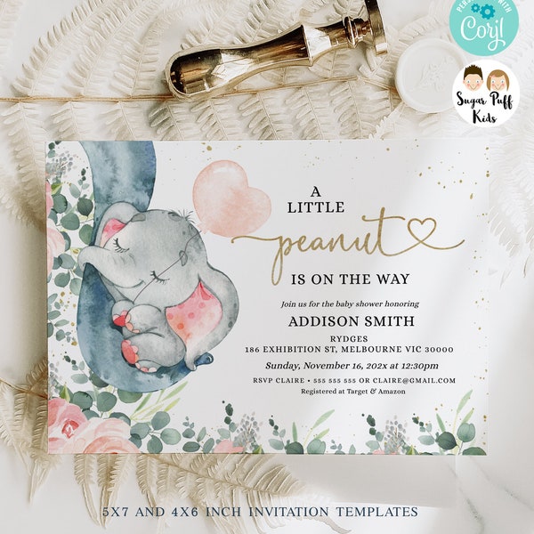 Girls Printable A Little Peanut Baby Shower invitation, Editable Pink Floral Elephant Invitation, Little Peanut Elephant Baby Shower invite,