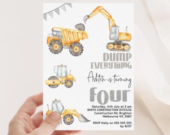 Editable Dump Everything 4th Birthday Invite, Printable Construction Themed 4th Birthday Invitation,Instant Download Dump Truck Invite