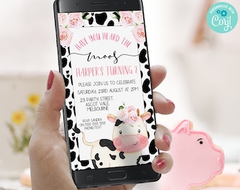 Editable Electronic Phone Cow Print Birthday Invitation, Have You Heard The Moos Evite Invitation, Instant Text Cow Themed Birthday Evite,