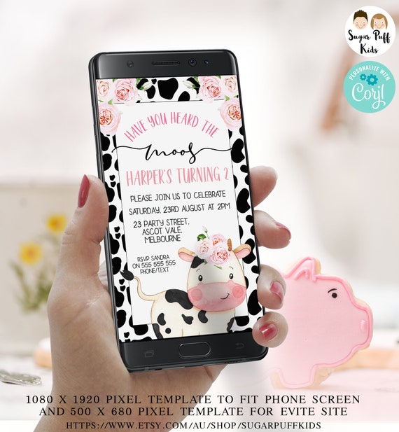Editable Electronic Phone Cow Print Birthday Invitation, Have You Heard The Moos Evite Invitation, Instant Text Cow Themed Birthday Evite, Il_570xn