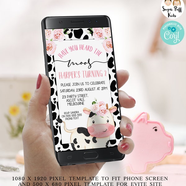 Editable Electronic Phone Cow Print Birthday Invitation, Have You Heard The Moos Evite Invitation, Instant Text Cow Themed Birthday Evite,