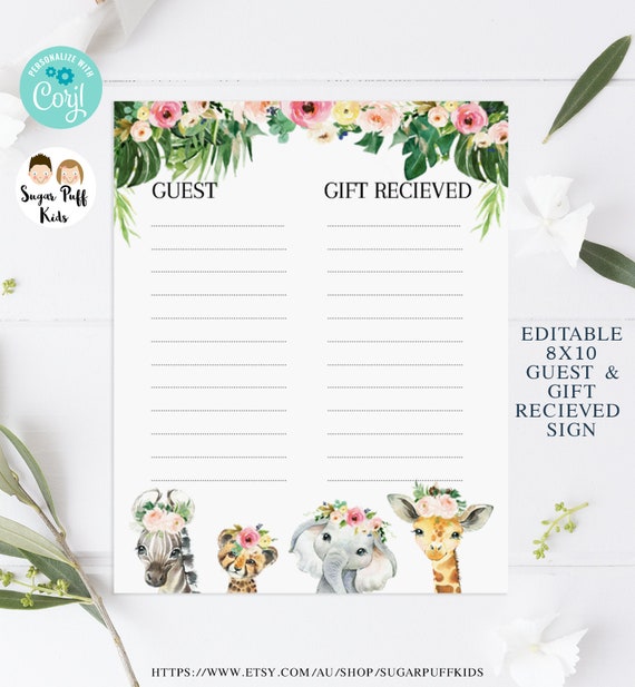 Editable 8x10 inch Safari Guest Gift Received List, Printable Floral
