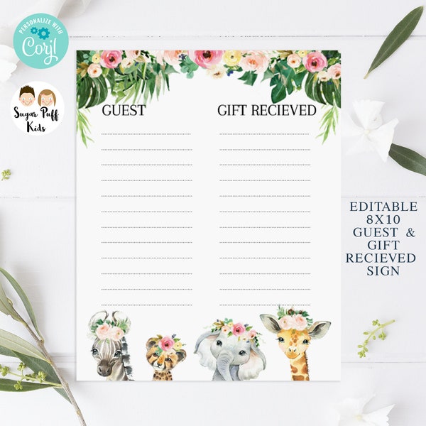 Editable 8x10 inch Safari Guest Gift Received List, Printable Floral And Foliage Safari Animals Gifts Card, Instant Baby Shower Gift List