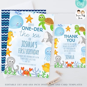 Editable Boys Under The Sea Birthday Invite, Printable Instant Download Sea Creatures 1st Birthday Invitation, Sea Critters Invite, Whale