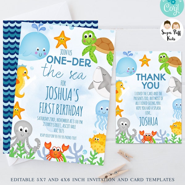 Editable Boys Under The Sea Birthday Invite, Printable Instant Download Sea Creatures 1st Birthday Invitation, Sea Critters Invite, Whale