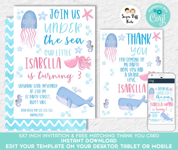Under The Sea Birthday Invitation Girls Under The Sea Etsy