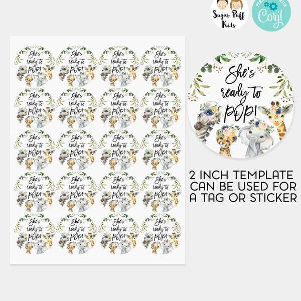 Editable Safari Animals Baby Shower Stickers, Printable Floral Safari Round Tag, Jungle Animals Ready To Pop Tag , Ready to Pop Sticker