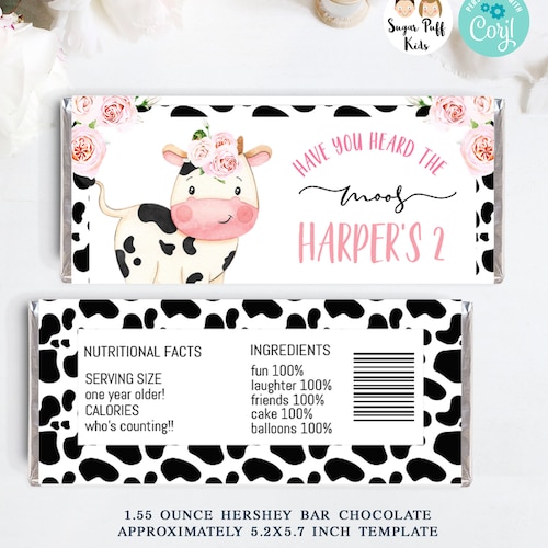 Printable Cow Chocolate Bar Wrappers Girls Cow Candy Bar - Etsy