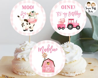 Printable Pink Farm Cupcake Toppers, Farmyard Cupcake Topper, Editable Farmyard Cake Toppers, Instant Download Barnyard Animals Toppers, F2