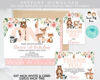 Girls Woodland First Birthday Invitations, Printable Woodland 1st Birthday Invitation, Woodland Animals 1st Birthday Invitations,