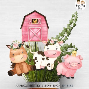 Instant Pink Farmyard Animals Centerpieces, Set of 4 Farm Animal Cutouts, Printable pink barn cutouts 6 inch, Pink Farm Birthday Party Decor
