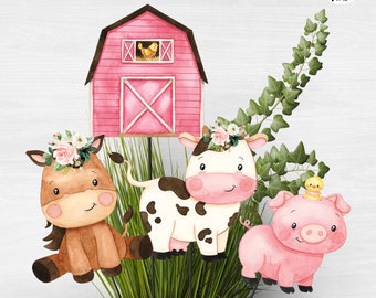 Instant Pink Farmyard Animals Centerpieces, Set of 4 Farm Animal Cutouts, Printable pink barn cutouts 6 inch, Pink Farm Birthday Party Decor