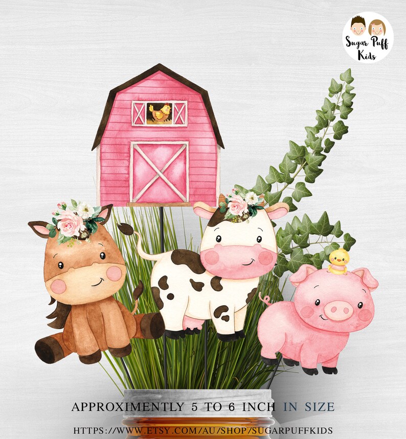 Instant Pink Farmyard Animals Centerpieces Set of 4 Farm Animal Cutouts Printable pink barn cutouts 6 inch Pink Farm Birthday