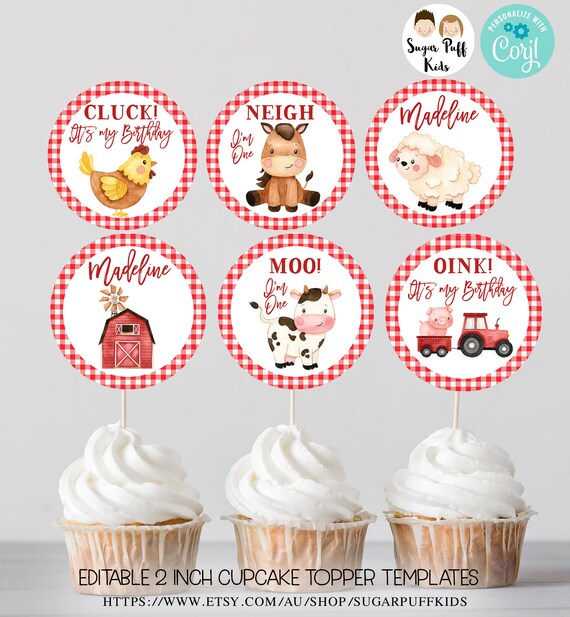 Printable Red Farm Cupcake Toppers, Editable Red Plaid Farmyard Animals