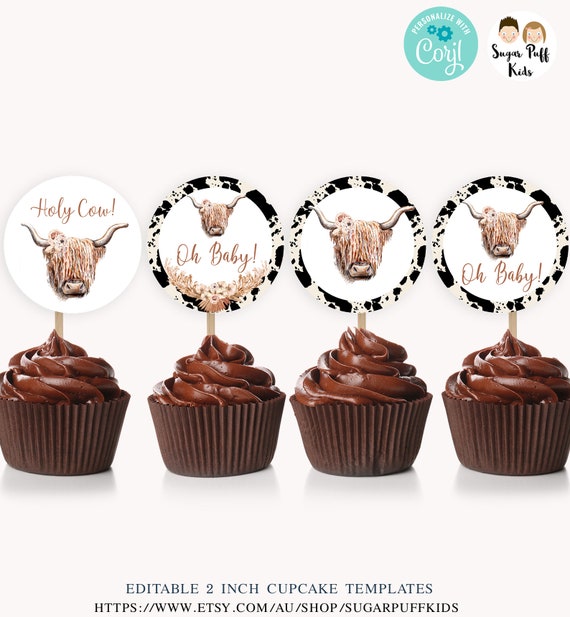 Editable boho highland cow baby shower cupcake toppers, Instant cowhide