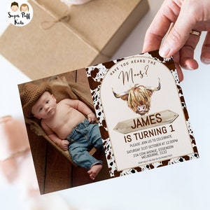 Printable Photo Brown Cow 1st Birthday Invite, Cow Thank You Card, Editable Highland Cow Invitation, Instant Have You Heard The Moos Invite image 5