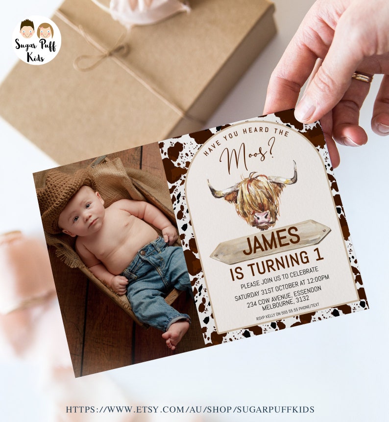 Printable Photo Brown Cow 1st Birthday Invite, Cow Thank You Card, Editable Highland Cow Invitation, Instant Have You Heard The Moos Invite image 5