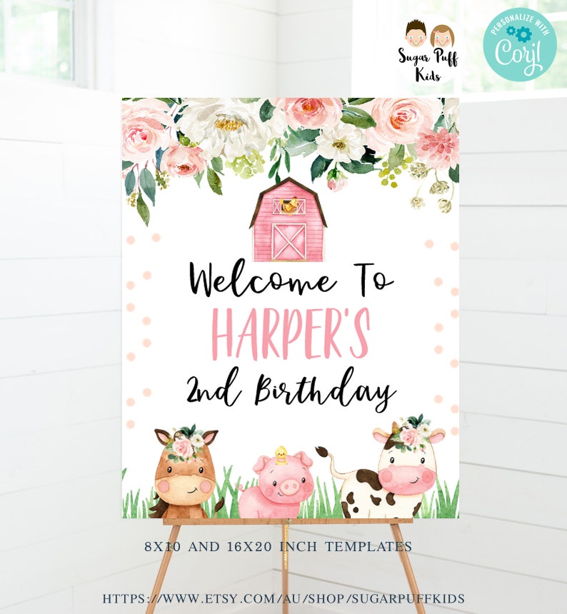 Printable Pink Farmyard Party Sign, Instant Download Floral Farm Table Top Sign, Pink Barn Farm Party Decor, Printable Barnyard Party Sign image 8