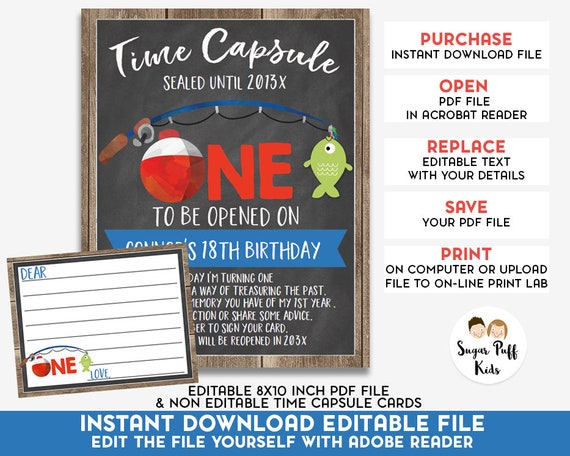 Editable O-fish-ally One Time Capsule Sign And Cards , Editable Boys Time Capsule Sign, Editable Ofishal 1st Birthday Time Capsule Sign Il_570xn