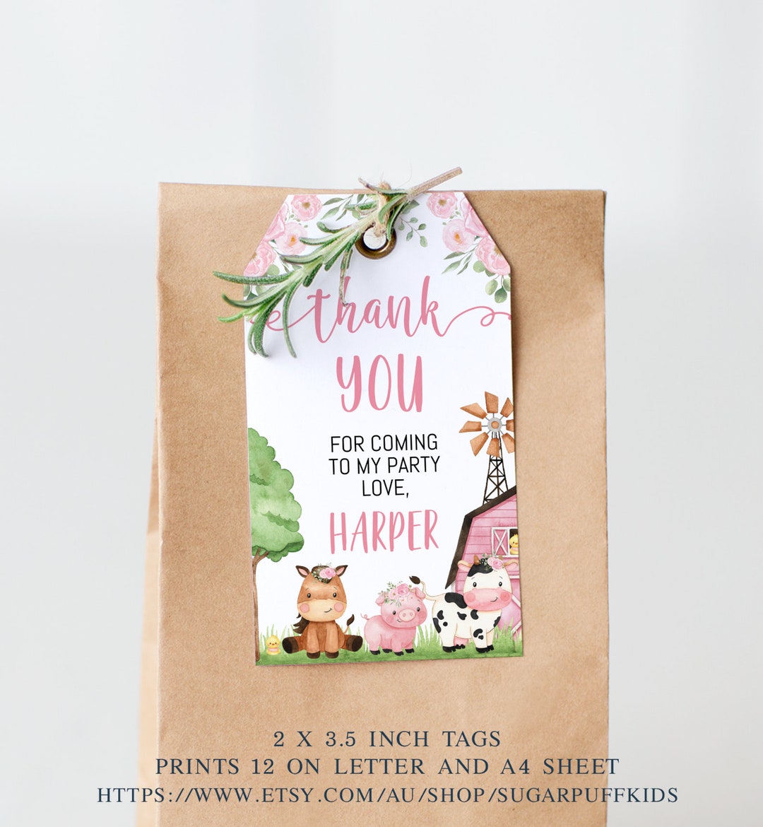 Editable Pink Farm Birthday Favor Tag, Printable Farm Themed Birthday ...