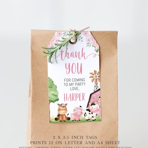 Étiquette de faveur d'anniversaire de ferme rose modifiable, étiquette de fête d'anniversaire sur le thème de la ferme imprimable, étiquette de faveur de ferme de téléchargement instantané de filles, étiquette de basse-cour