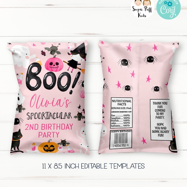 Editable Pink Halloween Birthday Chip Bag, Printable Halloween Witch Chip Bag, Instant Halloween Boo Chip Bag Label, Ghost, Cat