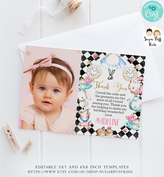Editable Alice In Onederland Thank You Card, Printable Alice in Wonderland Thank You Card, Instant Black Diamond Alice Thank You Card, Il_570xn