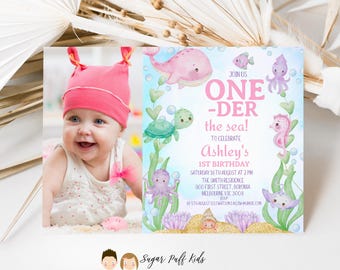 Editable Oneder the Sea 1st Birthday Invite, Printable Pink Under the Sea Birthday Invite, Instant Download Oneder the Sea Invite,Pink Whale