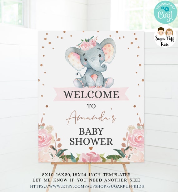Printable Pink Floral Elephant Baby Shower Welcome Sign, Editable ...