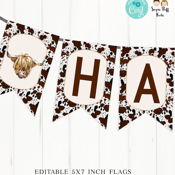 Printable Highland Cow Birthday Banner, Editable Brown Cow Happy Birthday Banner, Instant Download Cow Print Birthday Banner, Cowhide banner