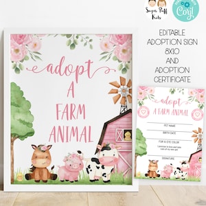 Editable girls pink farm adopt a farm animal sign, Printable Floral farm pet adoption sign, Instant farm animal adoption certificate
