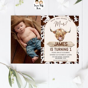 Printable Photo Brown Cow 1st Birthday Invite, Cow Thank You Card, Editable Highland Cow Invitation, Instant Have You Heard The Moos Invite image 4