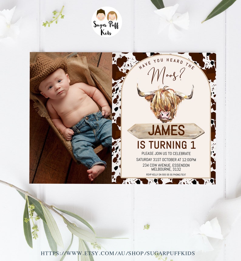 Printable Photo Brown Cow 1st Birthday Invite, Cow Thank You Card, Editable Highland Cow Invitation, Instant Have You Heard The Moos Invite image 4