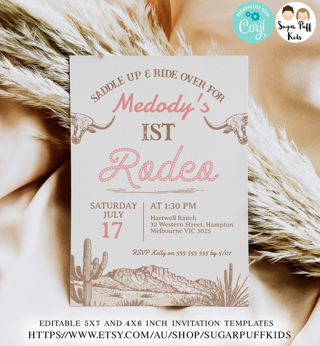 Editable Girls Vintage First Rodeo 1st Birthday Invitation, Cowgirl 1st ...