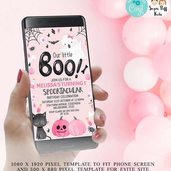 Editable Light Pink Little Boo Halloween Text Invite,Halloween Electronic Phone Text Invite,Girls Instant Download Halloween Birthday Evite