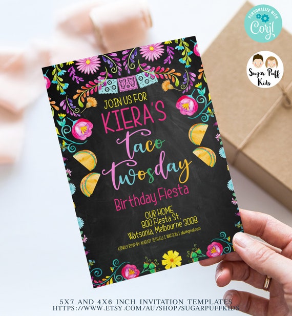 Girls Editable Taco Twosday 2nd Birthday Invitation, Printable Fiesta Taco Twosday Birthday Invite, Instant Chlakboard Taco Twosday Invite Il_570xn