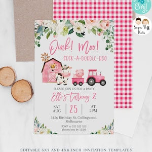 Printable Pink Barn Farmyard Birthday Invite, Pink Tractor, Girls Editable Farm invitation, Instant Download Pink Floral Farm Invite,FD1