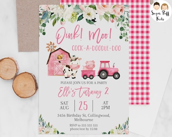 Printable Pink Barn Farmyard Birthday Invite, Pink Tractor, Girls Editable Farm invitation, Instant Download Pink Floral Farm Invite,FD1