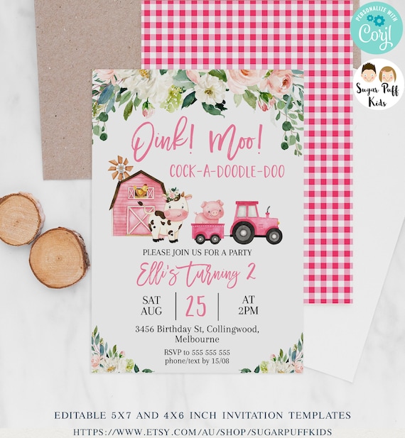 Printable Pink Barn Farmyard Birthday Invite Pink Tractor - Etsy