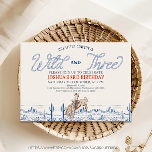 Boys Wild and Three Rodeo 3rd Birthday Invitation, Editable Cowboy 3rd Birthday Party Invitation, Western 3rd Birthday Invite, Wild West