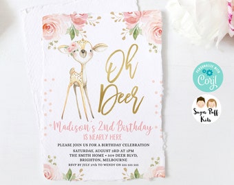 Instant Download Pink Floral Deer Birthday Invitation, Printable Oh Deer Gold Calligraphy Invite, Pink roses Deer Birthday Invite, Corjl
