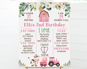 Editable Floral Pink Farm Birthday Milestone Poster, Printable Pink Barn Birthday Milestone, Instant Pink Tractor Farm Milestone Board