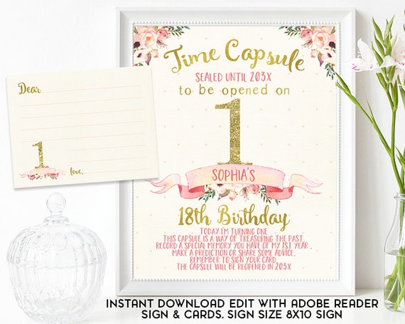Floral And Banner 1st Birthday Time Capsule Sign, Girls 1st Birthday Time Capsule Sign And Cards, Gold Pink Floral Time Capsule sign Il_570xn