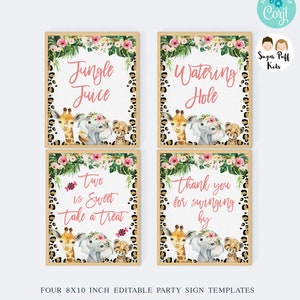 Editable Cheetah Print Two Wild Glitter Birthday Party Signs, Printable Jungle Animals Party Decor, Leopard Print Safari Animals Signs