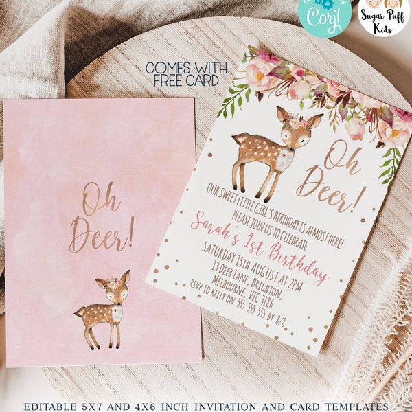 Druckbare Boho Pink Floral Oh Deer Geburtstagseinladung, bearbeitbare Hirsch Geburtstagseinladung, sofortiger Download Mädchen Hirsch Themeneinladung,