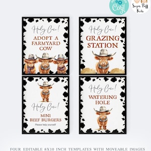 Printable Four Boys Highland Cow Birthday Signs, Boys Editable Cowboy Hat Cow Birthday Signs Set, Instant Download Cow Birthday Party Signs