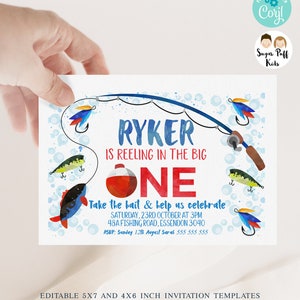 Editable Ofishal Birthday Invitation, Printable reeling in the big one birthday, Instant Download watercolor fishing themed invitation,