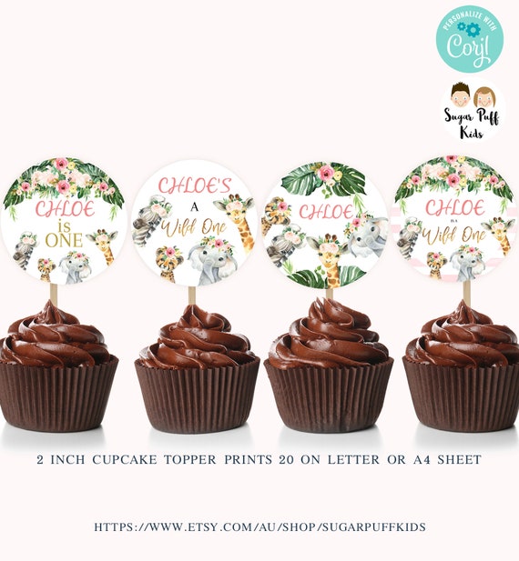 Jungle animals Party Decorations Wild One Cupcake toppers Instant download Printable Digital POD EDITABLE Safari Birthday Cupcake Toppers