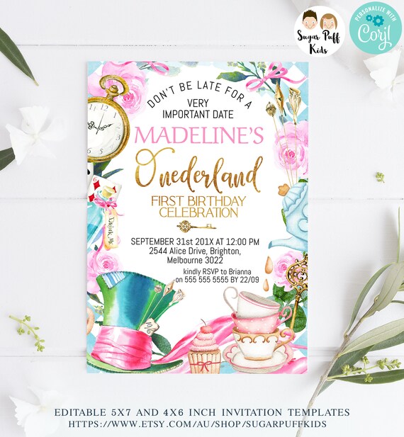 Editable Alice in Onederland Birthday Invite, Printable Mad Hatter Hat Birthday Invite, Instant ...